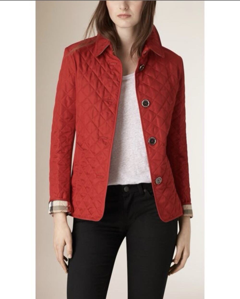 Burberry Brit Women's Red Quilted Button Front Jacket Check Lining Pockets S